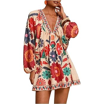 Women's Boho Floral V Neck Mini Dresses Bishop Sleeve Tie Open Back Tropical Dress | Amazon (US)
