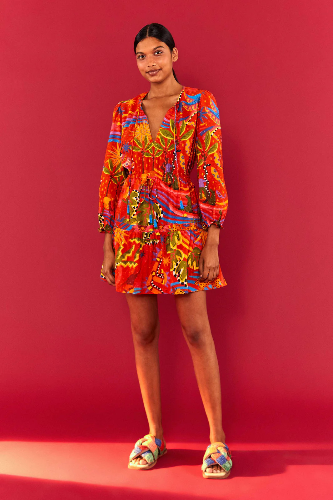 RED MAGIC FOREST V NECK MINI DRESS | FarmRio (US)