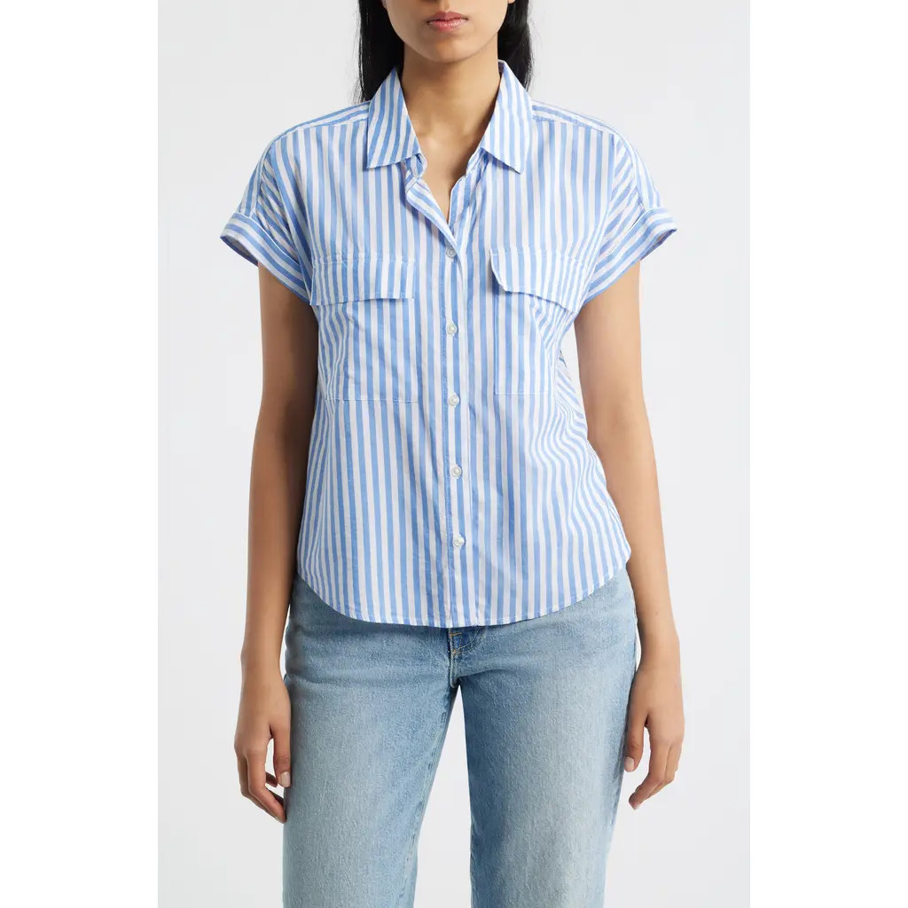 beachlunchlounge Brianna Stripe Cotton Blend Button-Up Shirt in Blue Iguana at Nordstrom, Size Small | Nordstrom