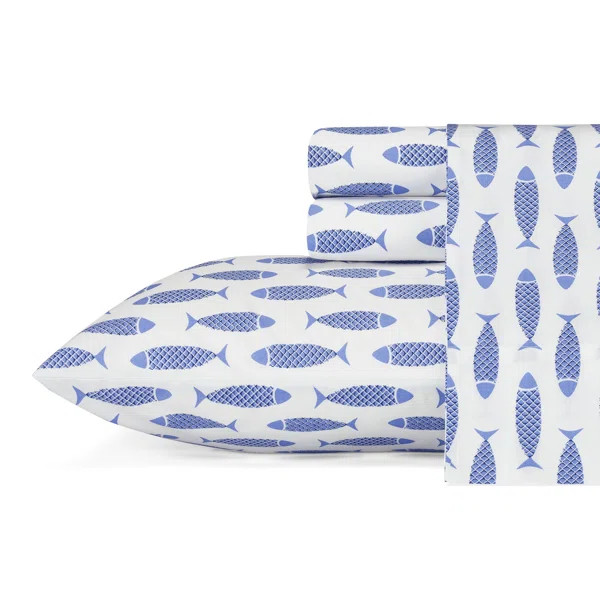 Woodblock Fish 200 Thread Count 100% Cotton Percale Sheet Set | Wayfair North America