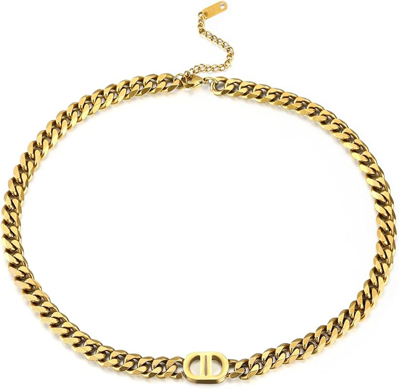 Vivflavor Cuban Link Chain Bracelet Necklace for Women, 18K Real Gold Plated Stainless Steel Letter  | Amazon (US)