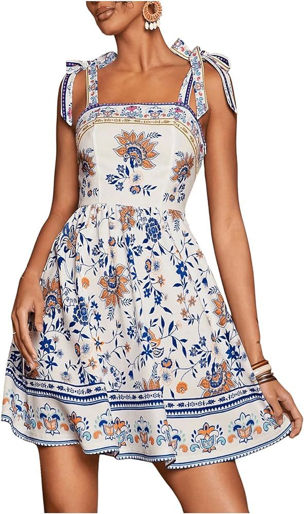 Women's Floral Print Sleeveless Tie Bow Shoulder Mini Dress Wide Strap Zipper Boho Cami Dresses A... | Amazon (US)