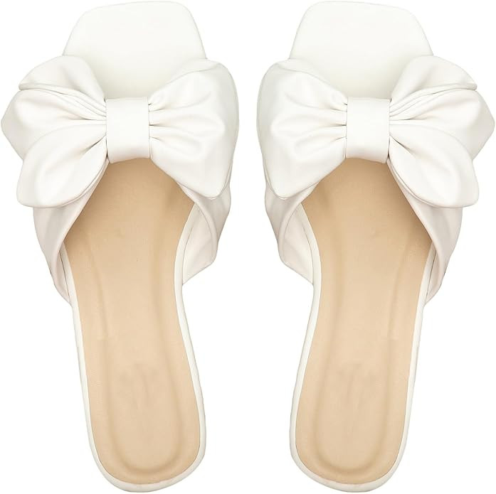 GORGLITTER Women's Bow Flat Sandals Dressy Square Open Toe Sandals Comfortable Slip On Slide Sand... | Amazon (US)