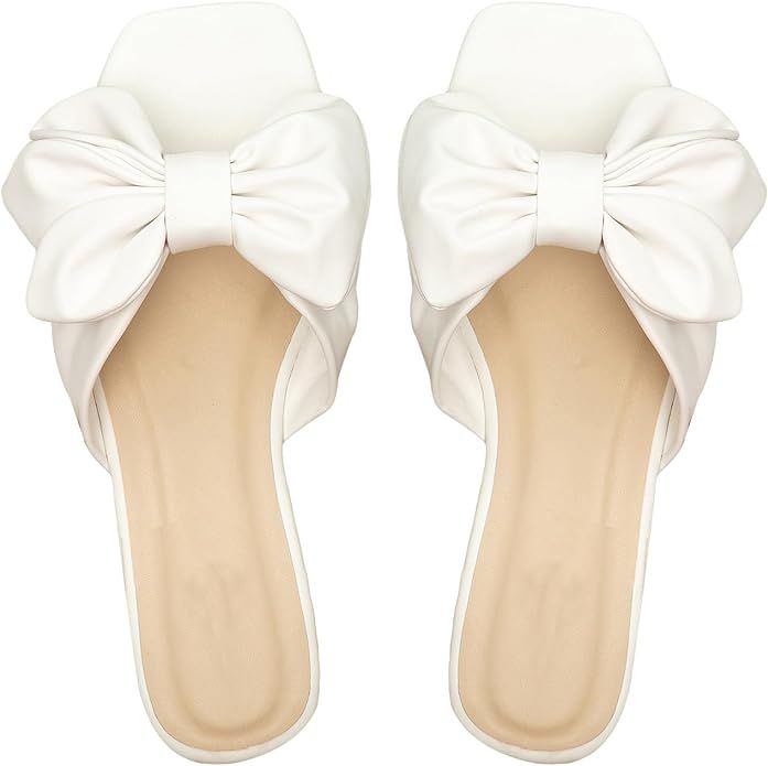GORGLITTER Women's Bow Flat Sandals Square Open Toe Slip on Slide Sandals | Amazon (US)