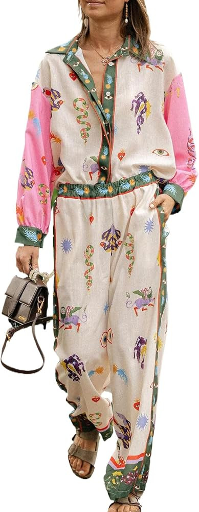 Kissonic Womens Summer Print 2 Piece Pajama Boho Long Sleeve Shirt Top | Amazon (US)