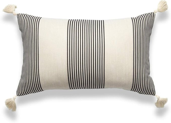 Hofdeco Moroccan Tassel Neutral Decorative Pillow Cover ONLY, Gray Beige Stripes, 12"x20" | Amazon (US)
