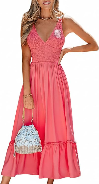CUPSHE Womens Maxi Dresses Plunging V Neck Sleeveless Smocked Casual Summer Outfit Ruffled Beach ... | Amazon (US)