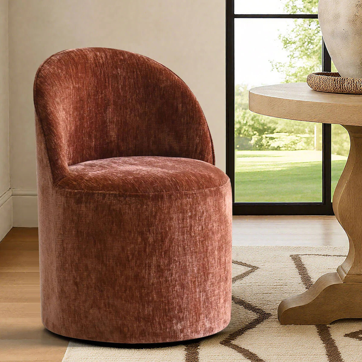 Rolling Chenille Upholstered Dining Chair With Hidden Casters | Wayfair North America