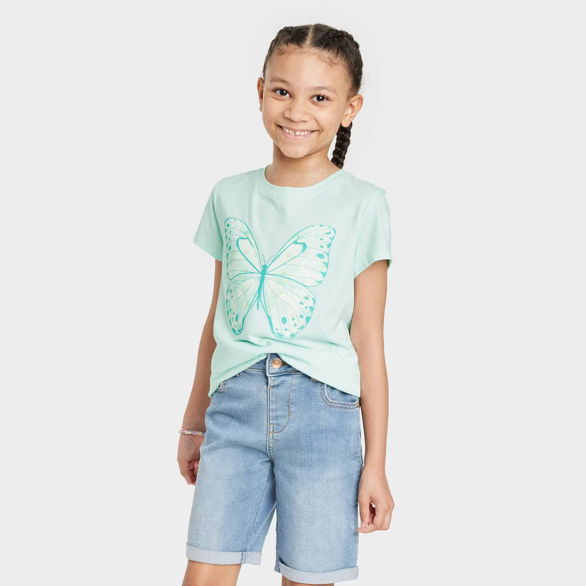 Girls' Butterfly Short Sleeve Graphic T-Shirt - Cat & Jack™ Light Turquoise Green | Target