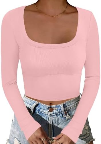 ANRABESS Women's Long Sleeve Square Neck Crop Top Ribbed Slim Fitted Basic Tee Layer Y2K Shirts F... | Amazon (US)