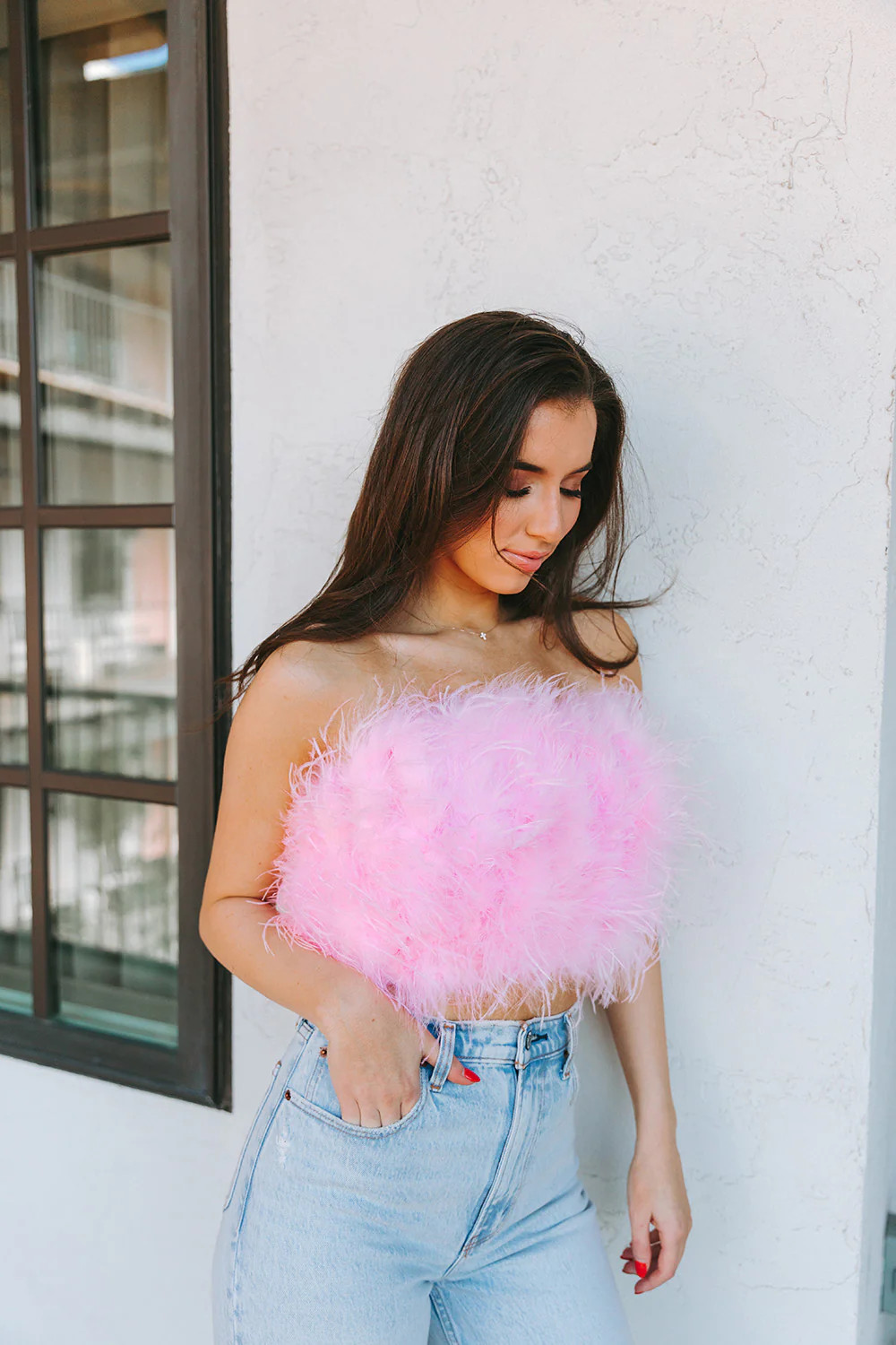 BuddyLove | Fancy Strapless Feather Crop Top | Baby Pink | BuddyLove