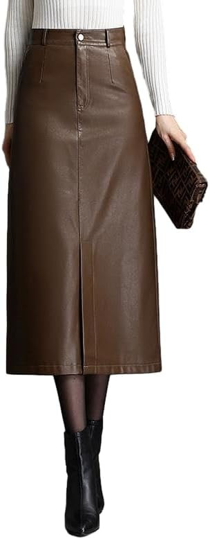 Long Leather Skirts for Women Casual High Waisted Fall Winter Bodycon Midi Skirt with Slit | Amazon (US)