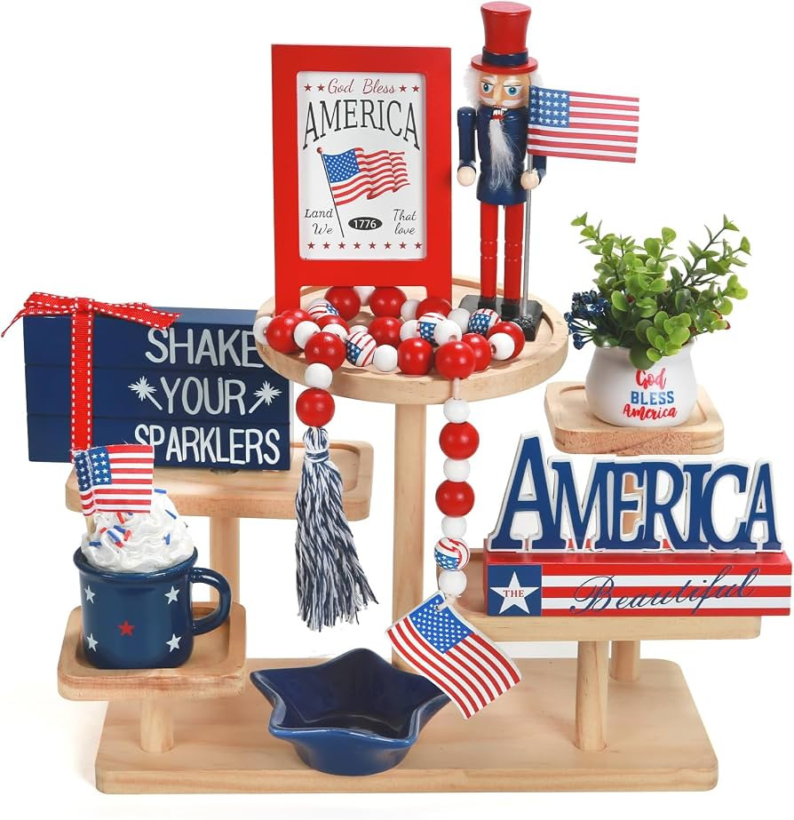 4th of July Decorations Patriotic Tiered Tray Decor Set, 8 PCS Memorial Day Fourth of July Decora... | Amazon (US)