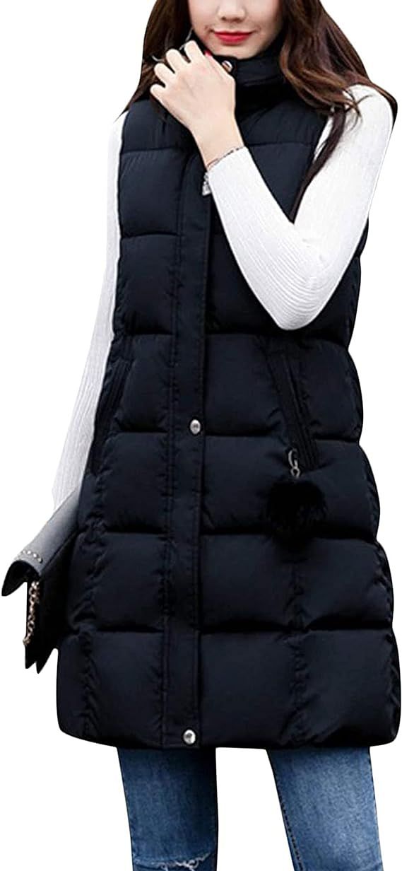 Fiona Jolin Womens Long Puffer Vest Black Hooded Zip Sleeveless Jacket Coat Outerwear | Amazon (US)