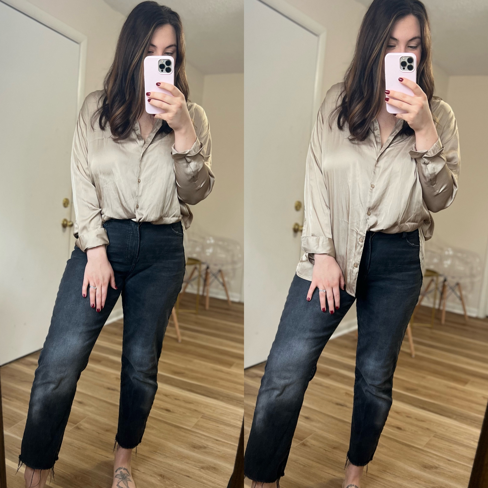 Wearing a large. I recommend sizing down one if you don’t want an oversized fit 

Old navy finds, midsize fashion, holiday outfit, neutral clothing, capsule wardrobe, satin shirt, boyfriend shirt 

#LTKsalealert #LTKcurves #LTKunder50