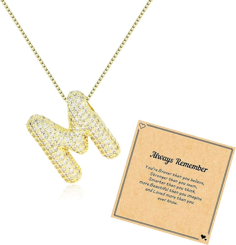 Gold Necklace Women Rhinestone Initial Necklace for Women Bubble Letter Necklace Gold Pendants Cu... | Amazon (CA)