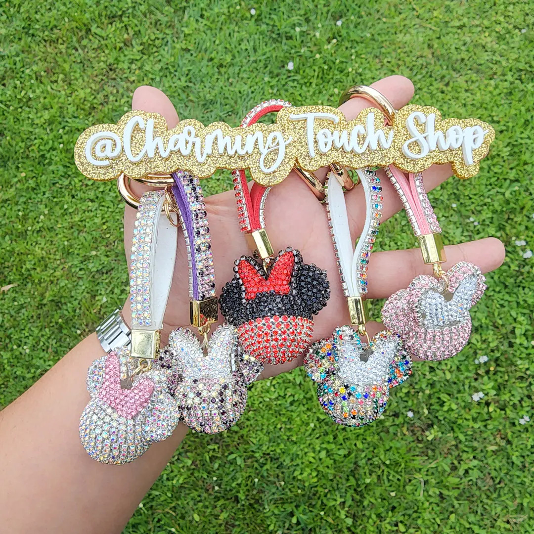 Rhinestone Keychain, Rhinestone Mouse Ears, Mouse Ears Keychain, Rhinestone Wristlet Keychain, Bl... | Etsy (US)