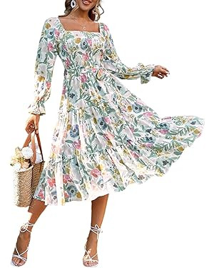 Amegoya Women's Boho Flowy Long Sleeve Square Neck Floral Midi Dress Smocked Spring Fall Wedding ... | Amazon (US)