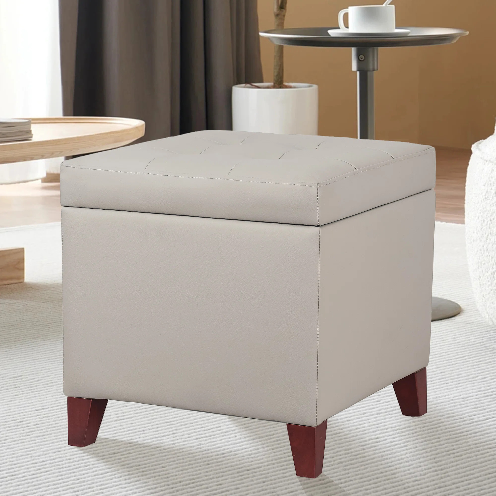 PU Leather Square Storage Ottoman Lift Top Footstool with Wood Legs | Wayfair North America