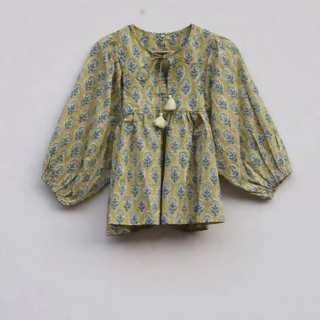 Block Print Cotton Peplum Top for Women | Puff Sleeve Boho Blouse | Handmade Indian Floral Top | ... | Etsy (US)