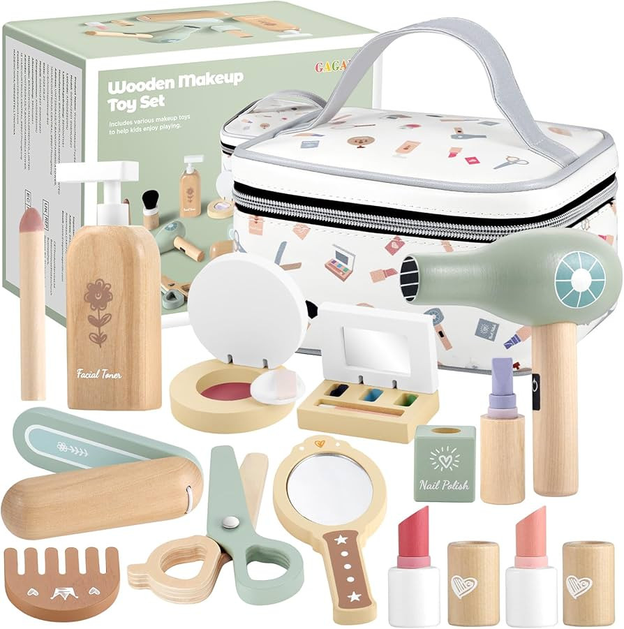 GAGAKU Wooden Makeup Toy Set for Toddlers 3-8, Pretend Play Makeup Kit with 16 Realistic Accessor... | Amazon (US)