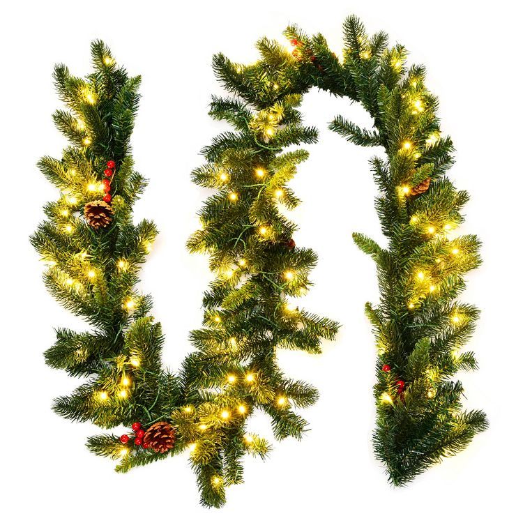 Costway 9Ft Pre-lit Artificial Christmas Garland Red Berries w/ 100 LED Lights & Timer | Target