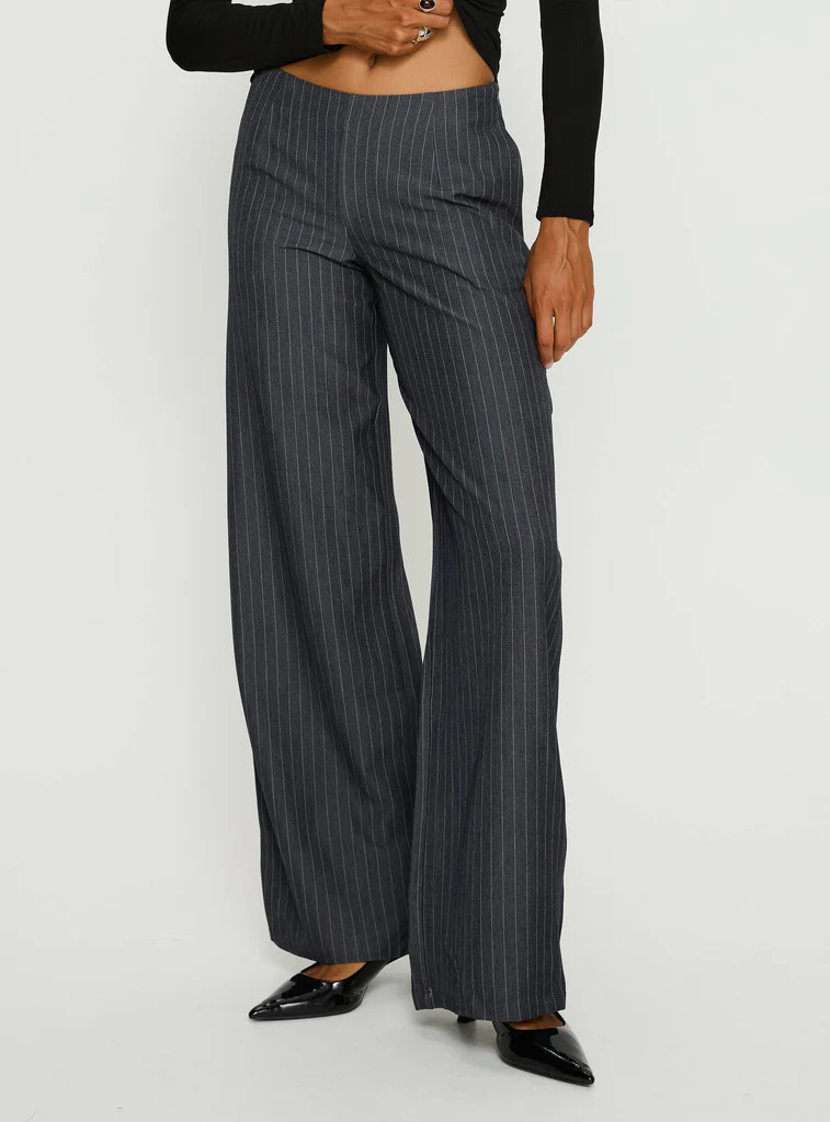 Khane Low Rise Wide Leg Pant Charcoal Pinstripe | Princess Polly US