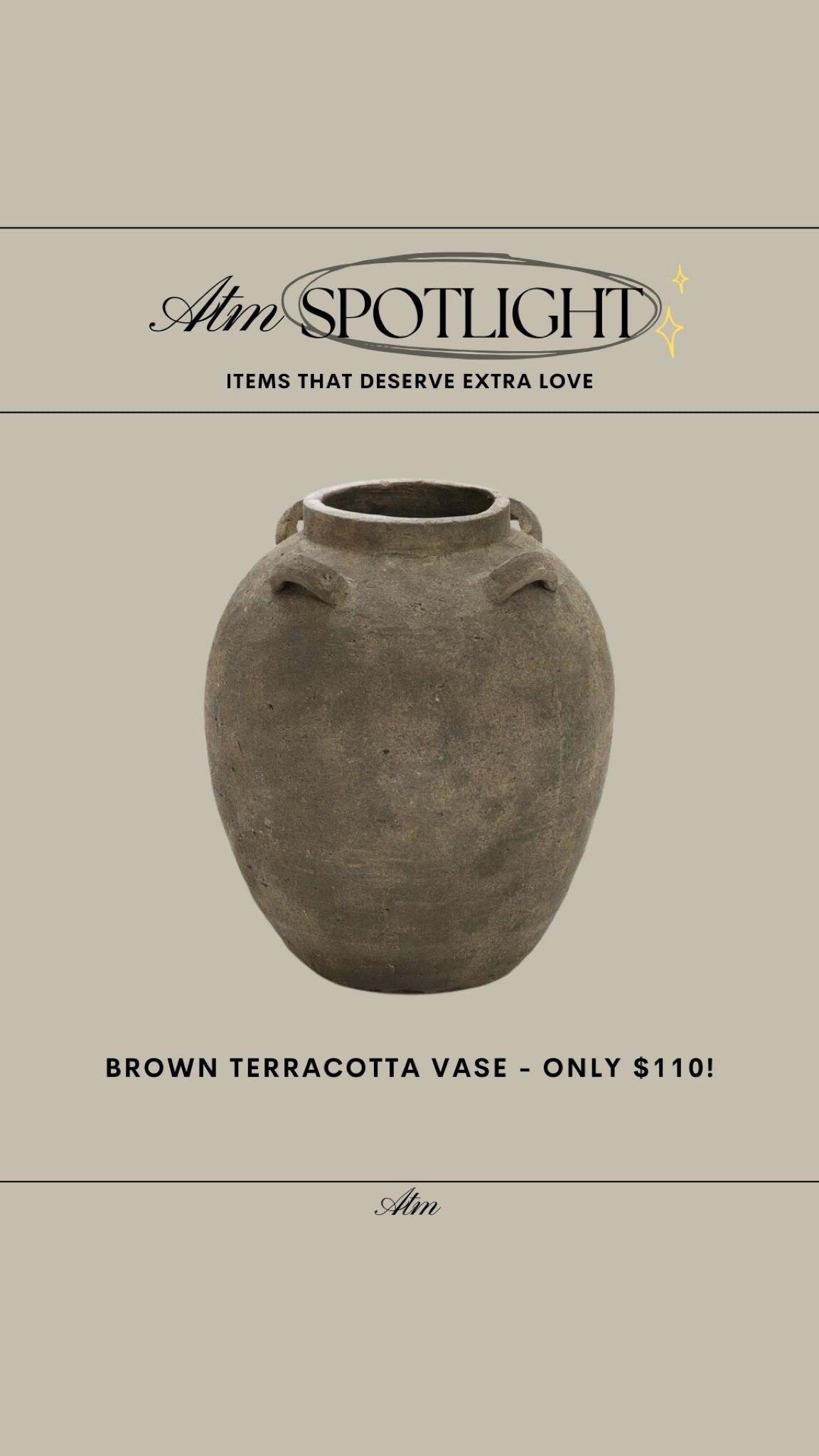 ATM Spotlight - Brown Terracotta Vase // only $110!

brown vase, terracotta vase, large vase, vintage look vase, antique look vase, oversized vase, budget friendly vase 

#LTKHome #LTKStyleTip