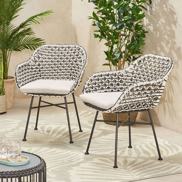 Beulah 2pc Patio Wicker Chairs with Cushions - White/Beige/Black - Christopher Knight Home | Target
