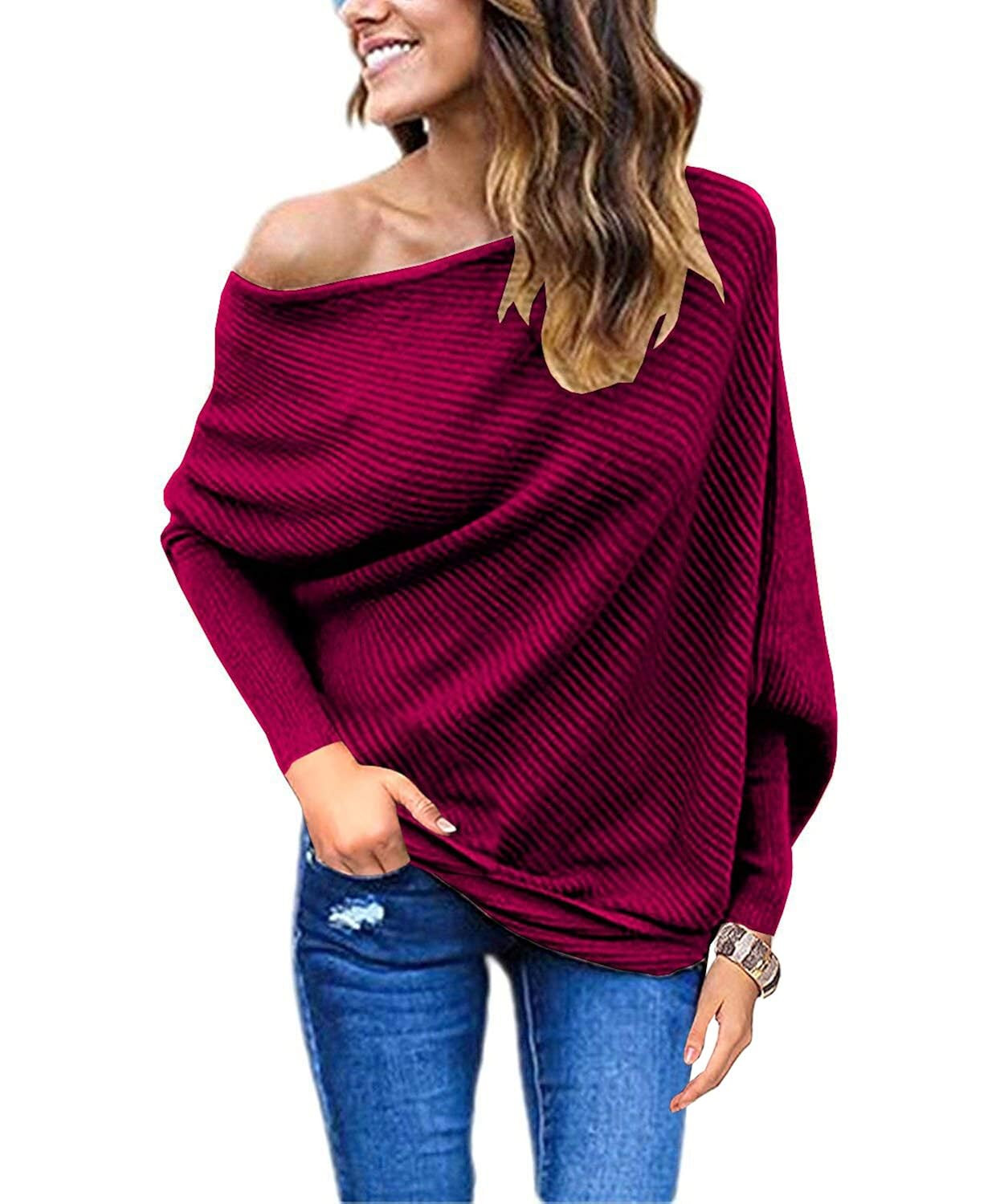 GOLDSTITCH Women's Off Shoulder Batwing Sleeve Loose Pullover Sweater Knit Jumper Oversized Tunic... | Amazon (US)