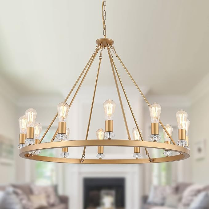 MEIXISUE Large Modern Wagon Wheel Chandelier Gold Metal Round Luxury Industrial Country Chandelie... | Amazon (US)