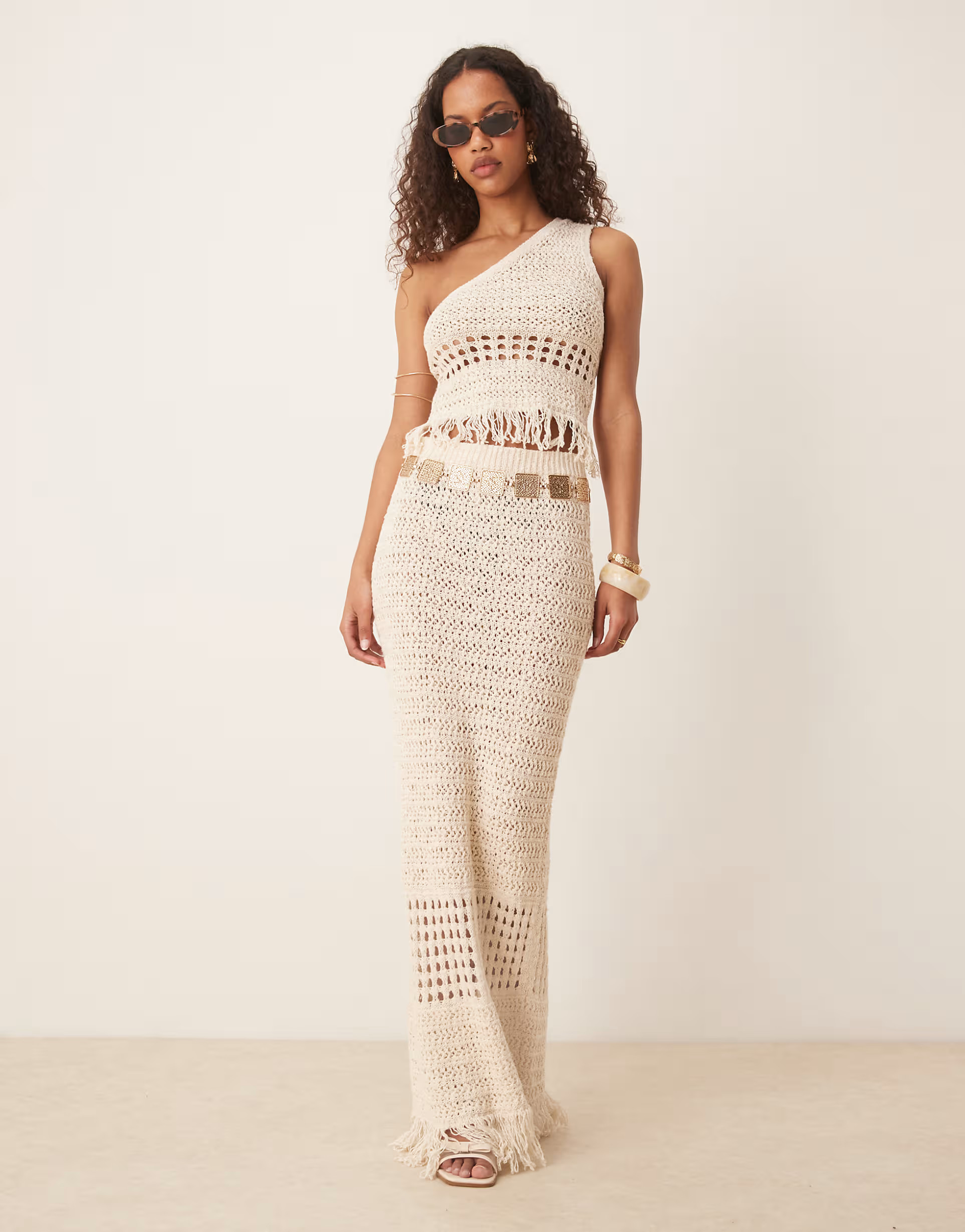 ASOS DESIGN co-ord crochet stitch maxi skirt with fringing in stone | ASOS | ASOS (Global)