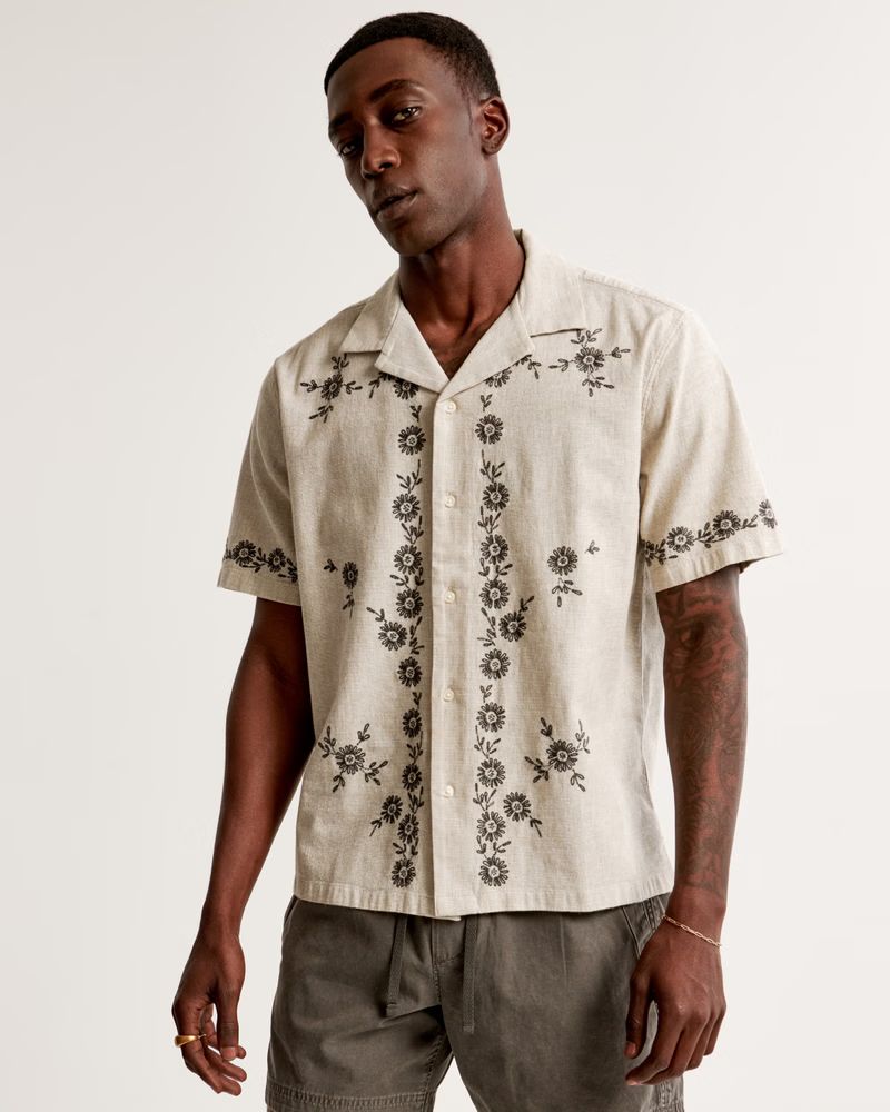 Men's Camp Collar Summer Linen-Blend Embroidered Shirt | Men's | Abercrombie.com | Abercrombie & Fitch (US)
