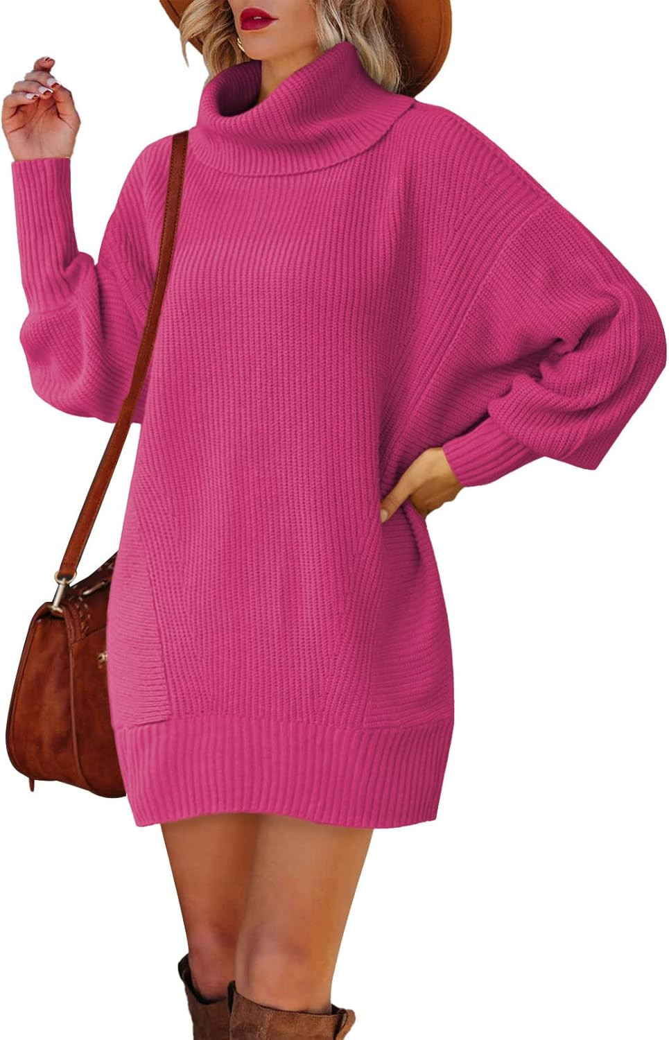 Pink Queen Women's Turtleneck Batwing Long Sleeve Ribbed Loose Oversized Short Pullover Sweater D... | Amazon (US)