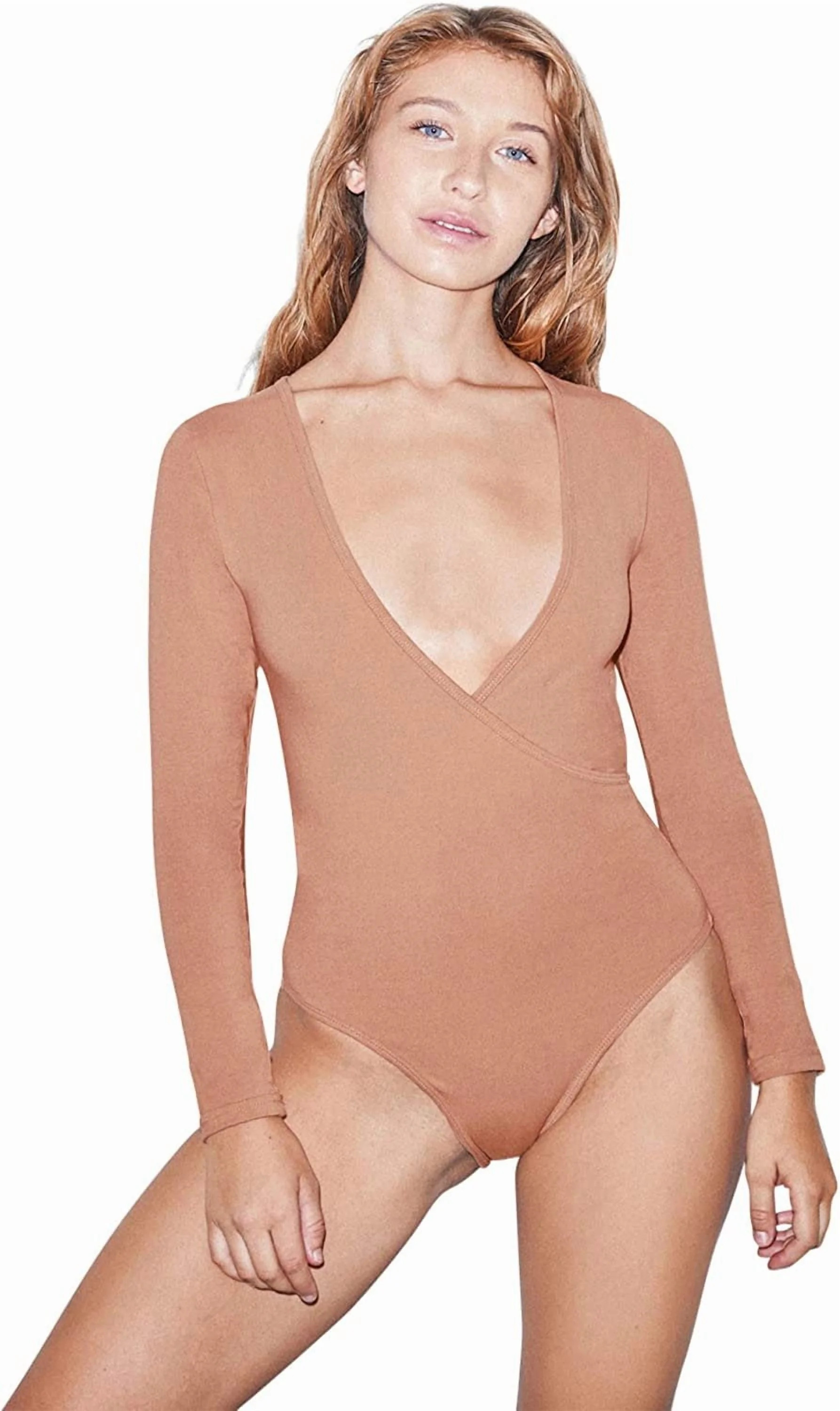 American Apparel Women's Cotton Spandex Long Sleeve Cross V Bodysuit, Nude 6, Small | Walmart (US)