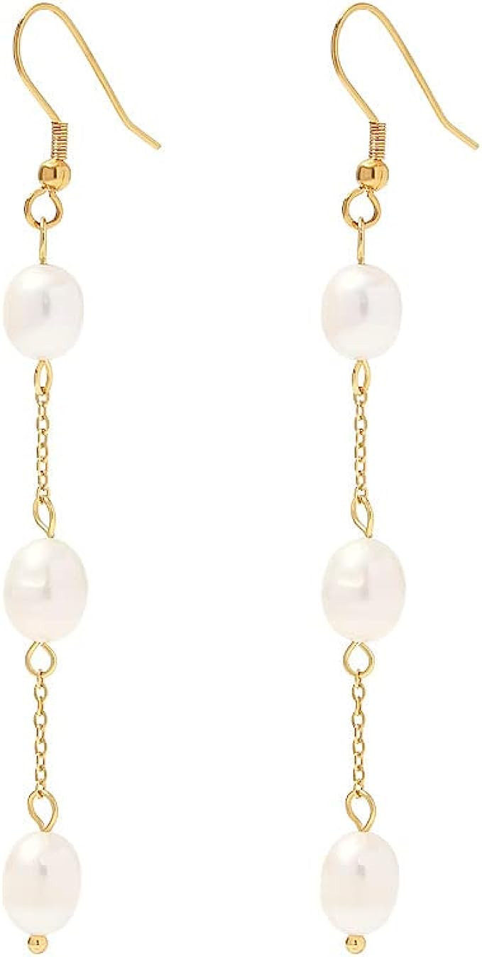 14k Gold/Silver Plated Long Pearl Drop Dangle Earrings for Women Chain Baroque Pearl Stud Jewelry... | Amazon (US)