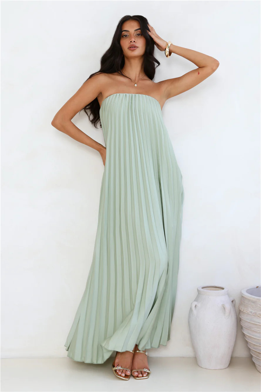 Moonlit Sea Pleated Strapless Maxi Dress Sage | Hello Molly (US)