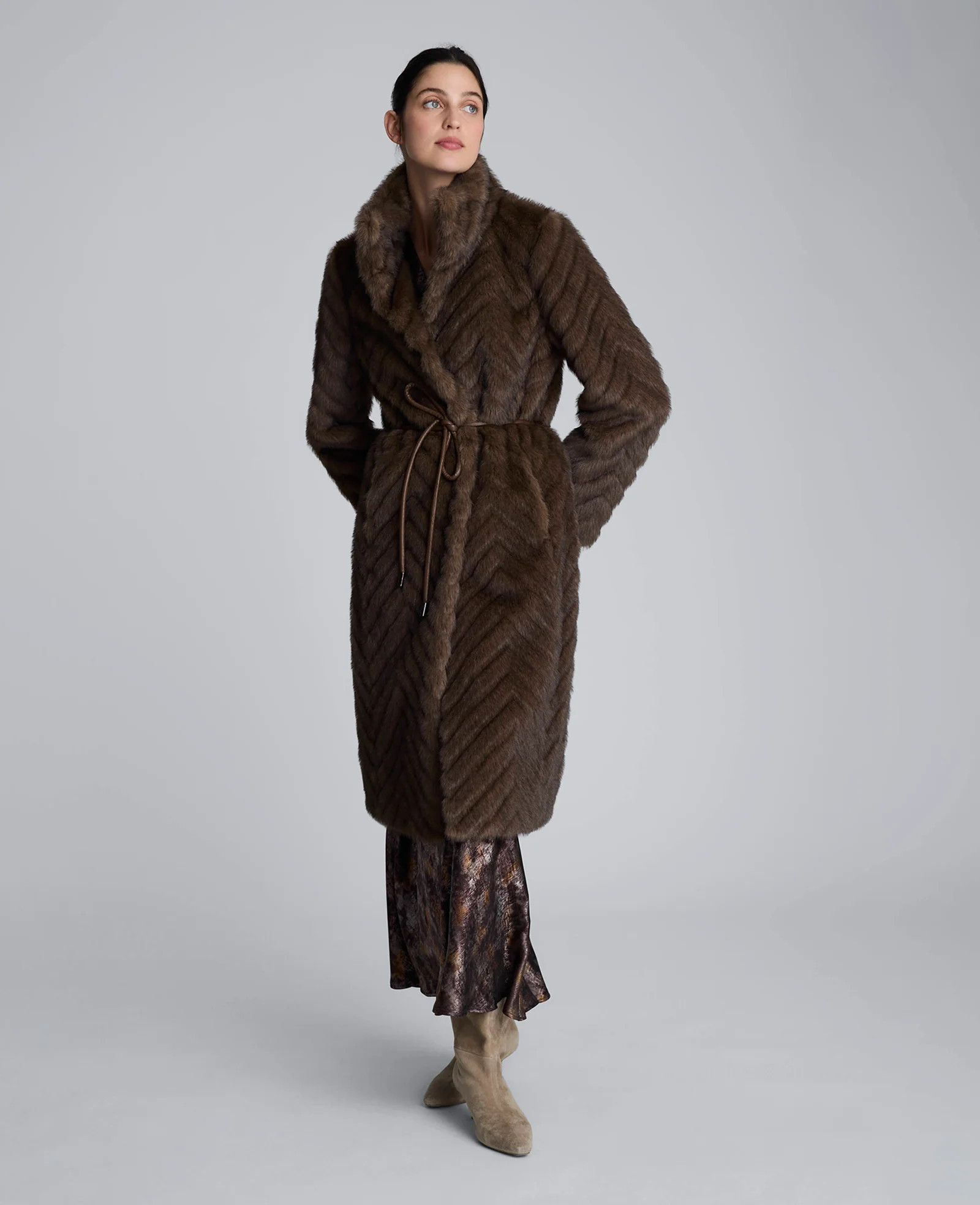 Kenneth Cole | Grooved Faux Fur Coat With Tie Belt in BROWN, Size: XL | Kenneth Cole