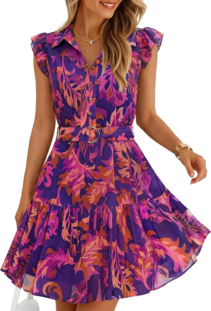 ZESICA Womens Summer Boho Floral Mini Dress 2026 Flutter Short Sleeve Button Chiffon A Line Beach... | Amazon (US)