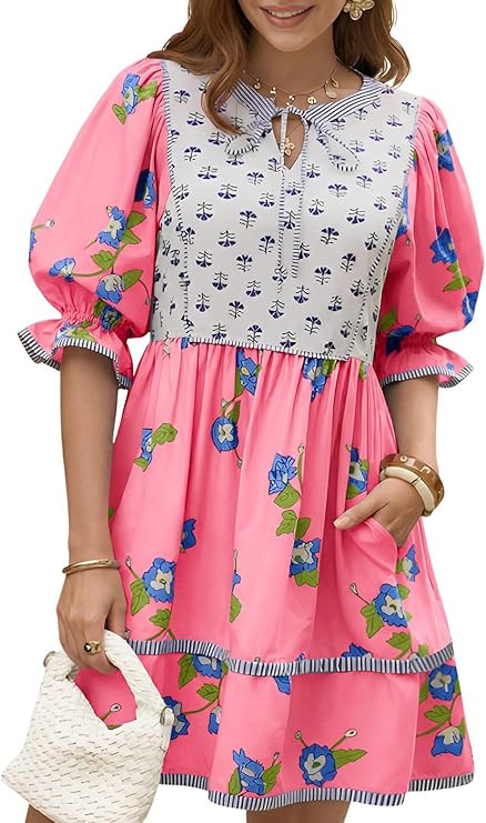 Wenrine Womens Casual Floral Mini Dress Summer Puff Short Sleeve Tie Front V Neck Patchwork Loose... | Amazon (US)