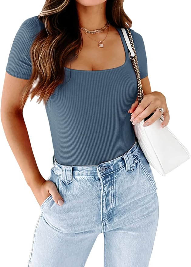 Berryou Bodysuit for Women Short Sleeve Ribbed Square Neck T Shirts Tops Bodysuits | Amazon (US)