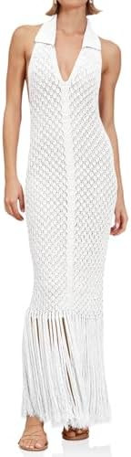 Saodimallsu Womens Halter Crochet Cover Up Fringe Sexy Backless Sleeveless V Neck Collared Vacati... | Amazon (US)