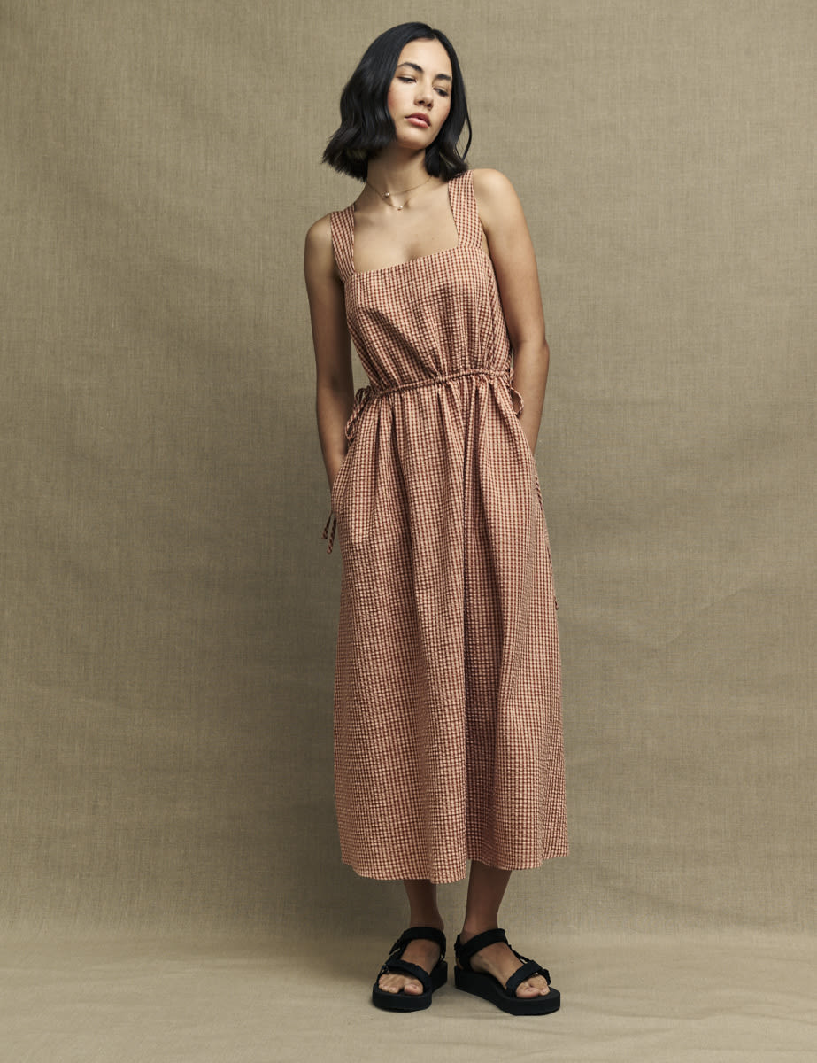 Brown Gingham Check Zainub Pinafore Midi Dress | Nobody's Child