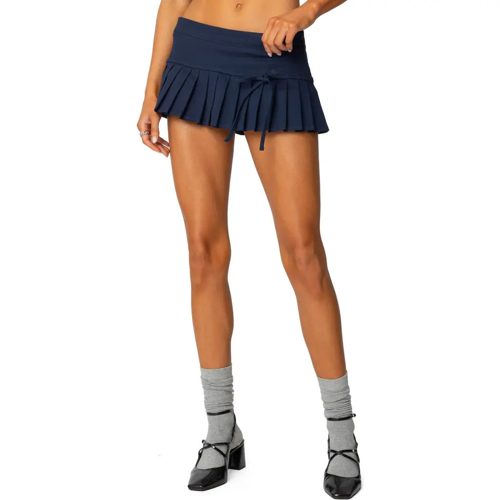 EDIKTED Side Bow Pleated Stretch Cotton Miniskort in Navy at Nordstrom, Size Small | Nordstrom