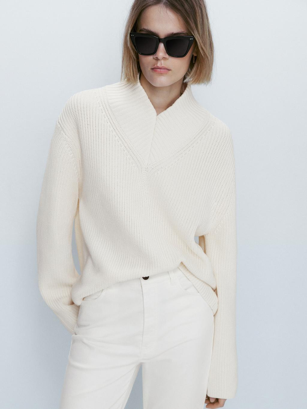 V-neck cotton sweater | Massimo Dutti US