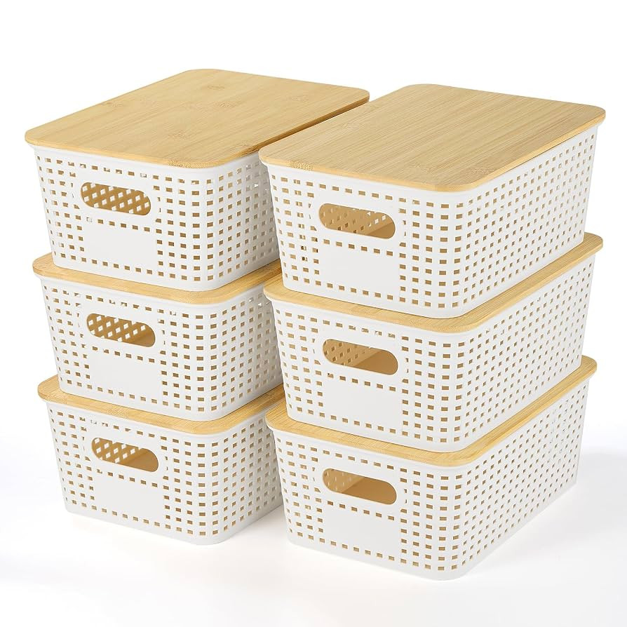 Plastic Storage Baskets With Bamboo Lid - Plastic Storage Containers Stackable Storage bins: Stor... | Amazon (US)