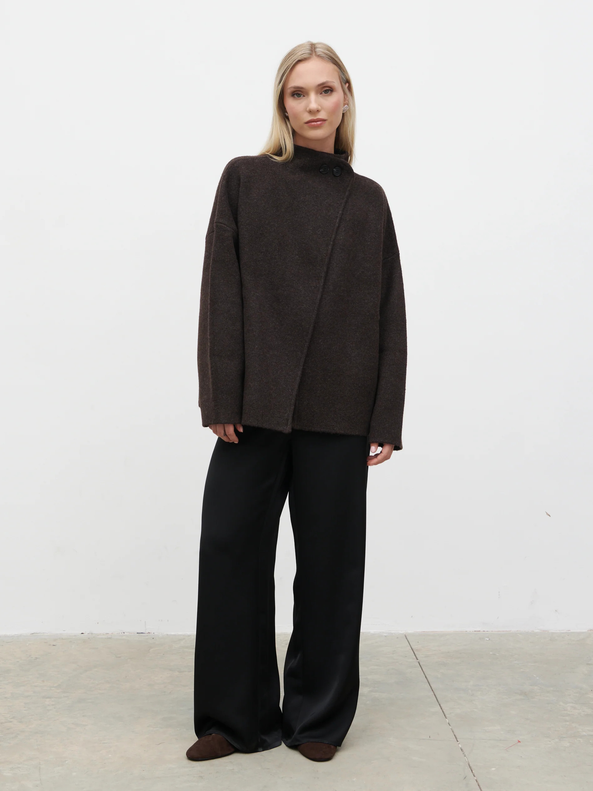 Sarlina Crossover Knit Cardigan With Button Neck - Chocolate Brown | Pretty Lavish (UK)