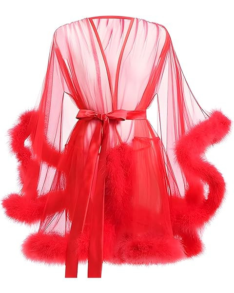ohyeahlady Women Feather Fur Robe Sheer Mesh Bridal Dressing Gown Sexy Lingerie Nightgown Bathrob... | Amazon (US)