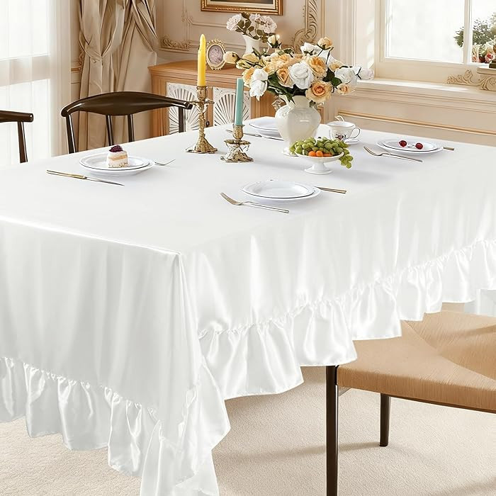 1 Pack Ruffle Tablecloth 60" x 102",White Satin Tablecloth Rectangle Silky Table Cloth Table Cove... | Amazon (US)