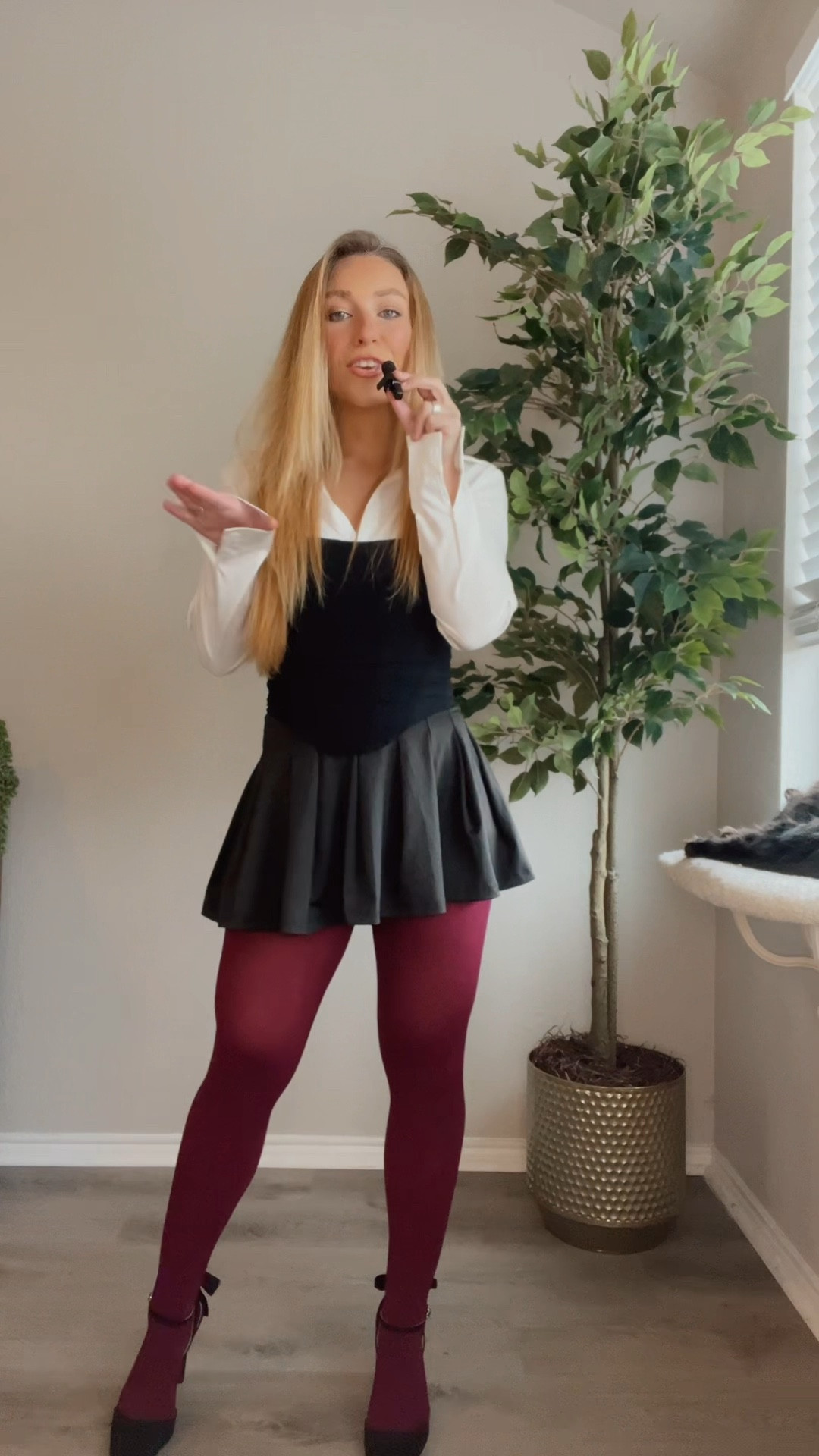 Holiday outfit - Christmas outfit - thanksgiving outfit idea 🎄💋 Styling an outfit with burgundy tights for a holiday season outfit! 
Tights & Heels : @amazon
Skirt : @altard state
Corset & Button up : @Shein
Black Boots : @Shein
#burgundytights #holidayoutfit #outfitidea - burgundy tights

#LTKHoliday #LTKStyleTip #LTKCyberWeek